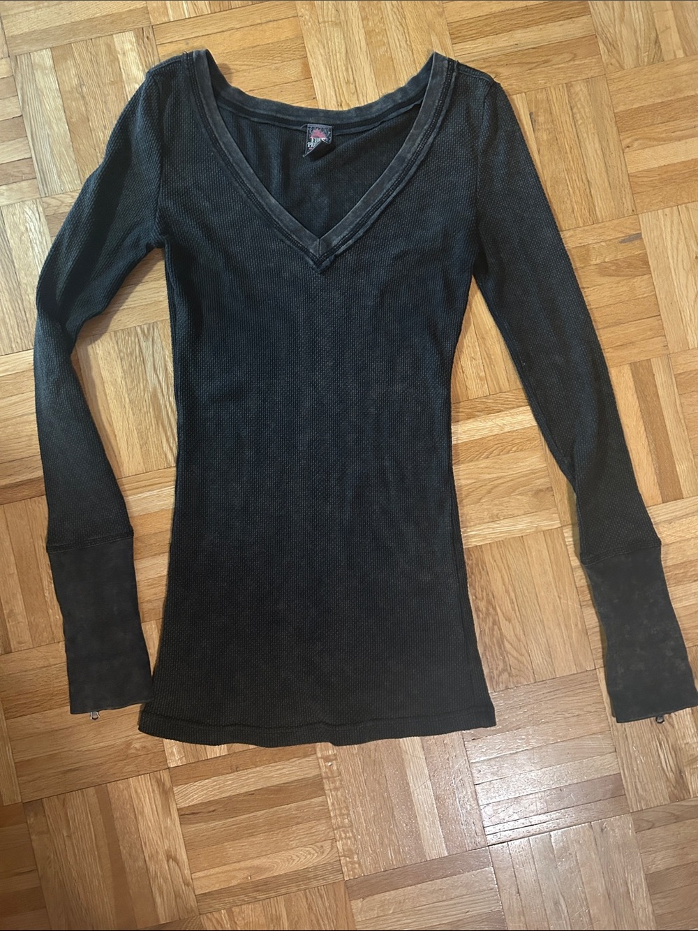 Free People Black V-Neck Long Sleeve Thermal Top